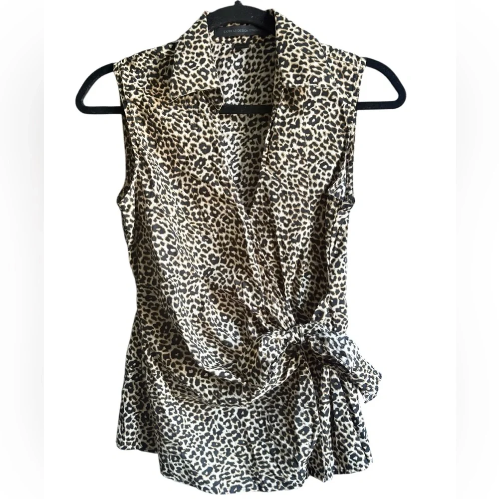 Express Cheetah Print Wrap Tie Front Blouse - Picture 1 of 5
